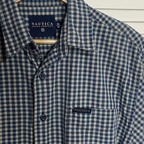 Nautica Jeans Short Sleeve Blue/Grey Gingham Print Button-Down - Picture 2 of 6